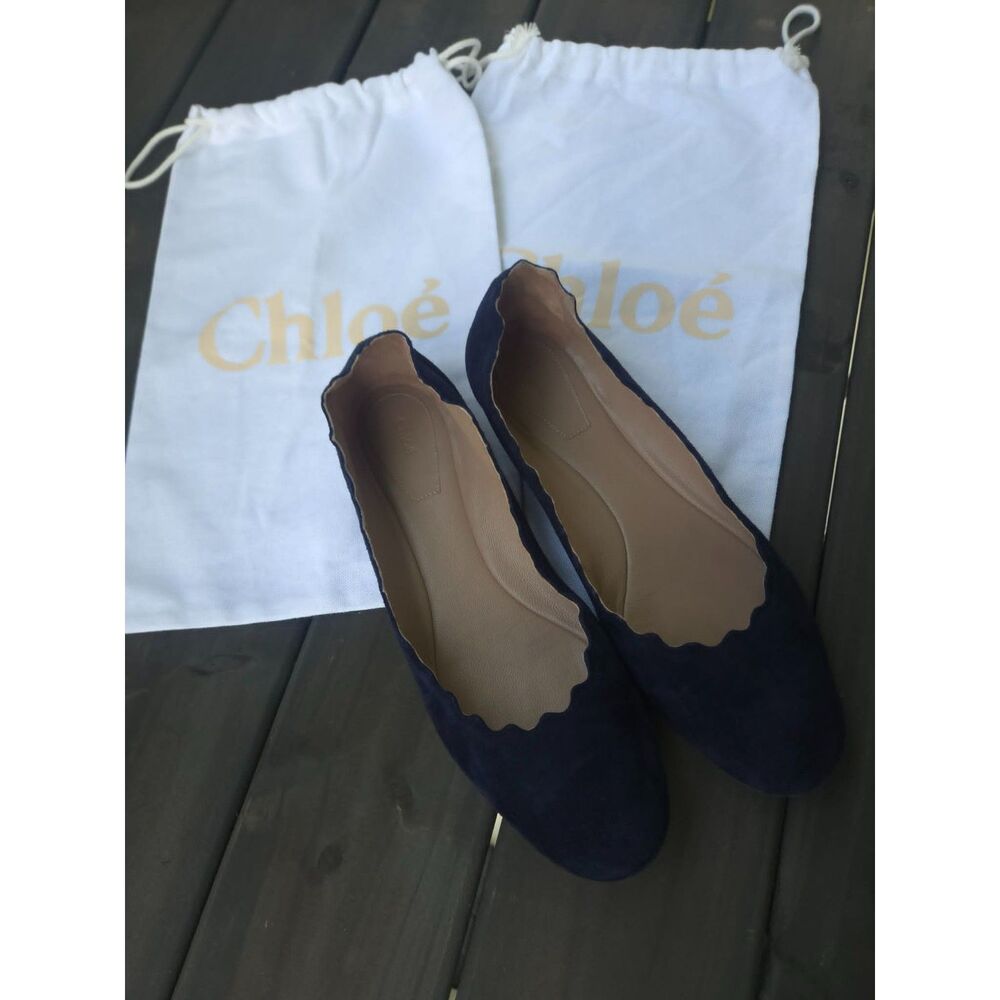 Chloé Lauren Scalloped Ballet Flats Navy Blue Suede Sz 38.5 / 8 - Picture 2 of 8
